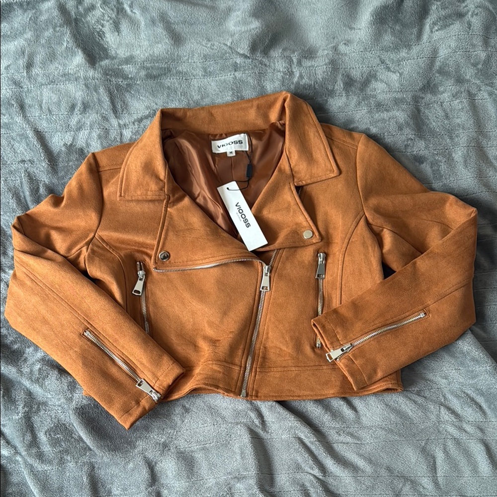 Vero Moda Tan Leather Moto Jacket Asymmetrical Zipper